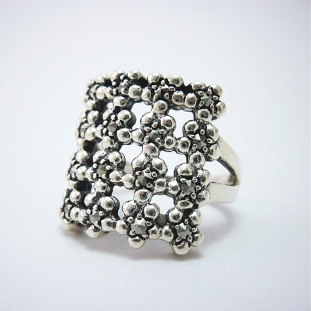 Sterling Silver Marcasite Flower Square 'Quilt' Ring - 01R023MC