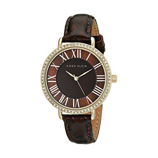 ANNE KLEIN Brown Leather Watch w/Roman Numerals and Crystals -AK-1824BMBN