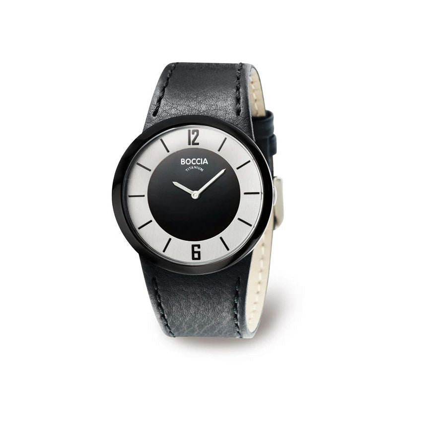BOCCIA Titanium with Black Leather Band and Black/White Dial - 3161-01