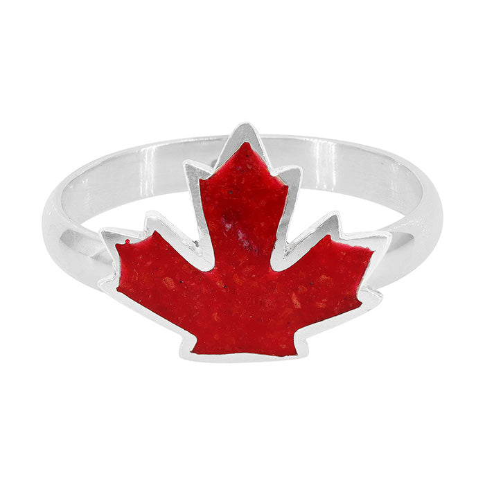 Sterling Silver and Red Coral Canadian Maple Leaf Ring - A3453