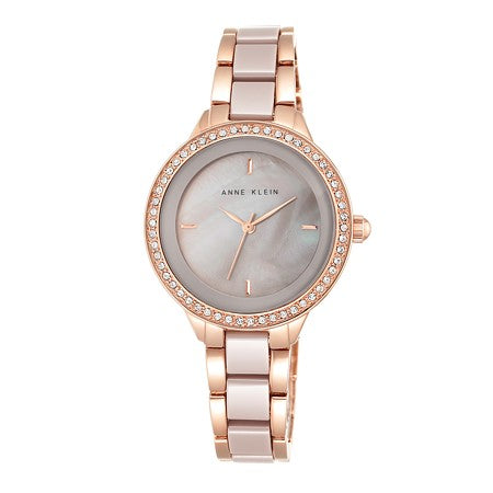 ANNE KLEIN Round Taupe and Rose Gold Watch w/Crystals - AK-1418RGTP