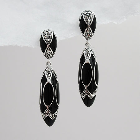 Elongated 3-Dimensional Enamel 'EGG' and Marcasite Dangles Earrings - 01E145