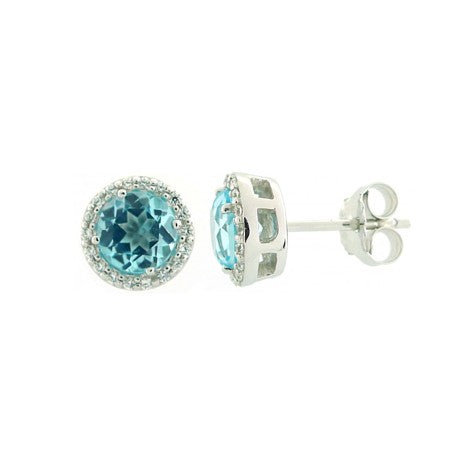 Blue Topaz and Cubic Zirconia Halo Stud - Sterling Silver Earrings - CE-E01