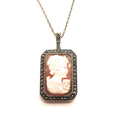 Marcasite and Genuine Cameo - Antique Victorian Design with 24" Chain - P443CM