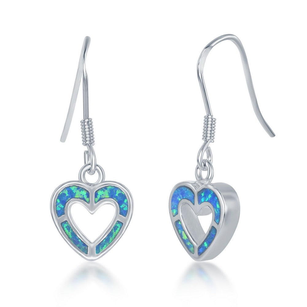 Sterling Silver Blue Opal Heart Earrings with Hooks