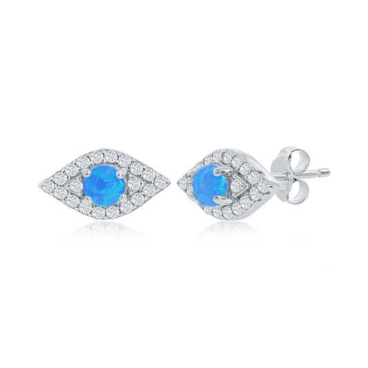 Opal 'Evil Eye' Stud Earrings with Clear Cubic Zirconias (Blue or White)