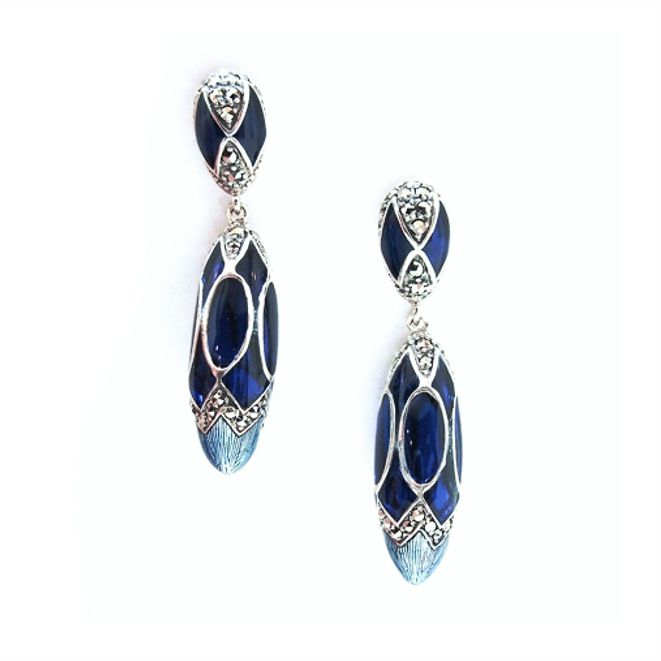 Elongated 3-Dimensional Enamel 'EGG' and Marcasite Dangles Earrings - 01E145