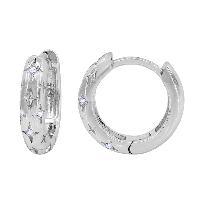 Dotted CZ Sterling Silver Round Huggies - Gypsy Star setting