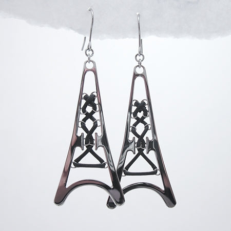 Large Eiffel Tower Stainless Steel Earring w/Blk Leather - ER113