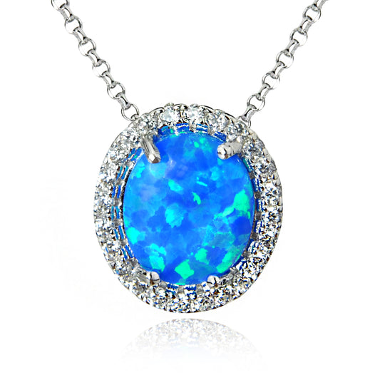 Oval Fire Opal with Clear Cubic Zirconia Halo Pendant with Chain (Blue or White)