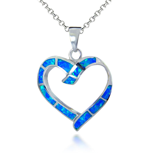 Open Heart with Opal Inlay - Sterling Silver with Chain (Blue or White)