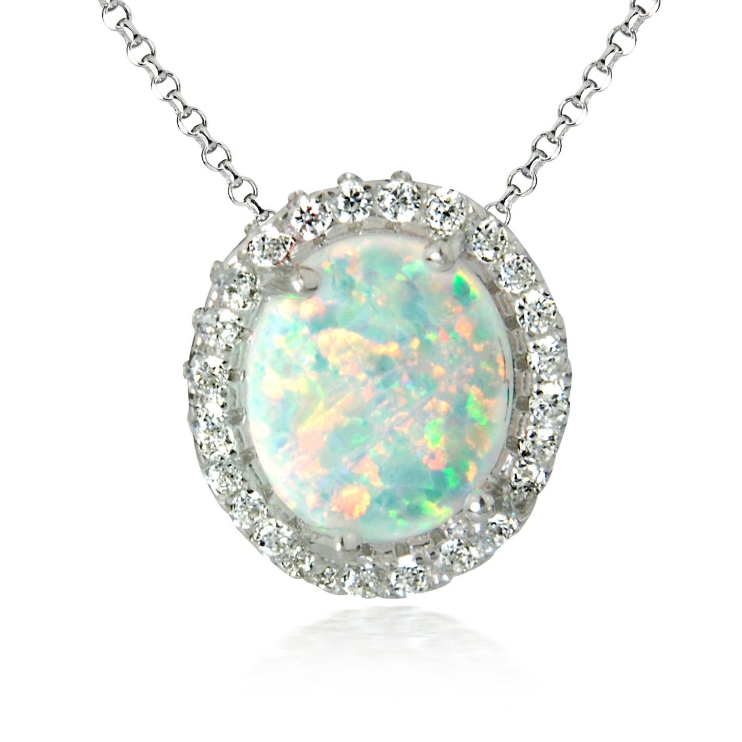 Oval Fire Opal with Clear Cubic Zirconia Halo Pendant with Chain (Blue or White)