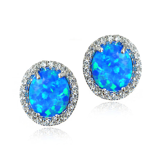 Sterling Silver Oval Studs with Clear Cubic Zirconia Halo & Opal Inlay - GL220