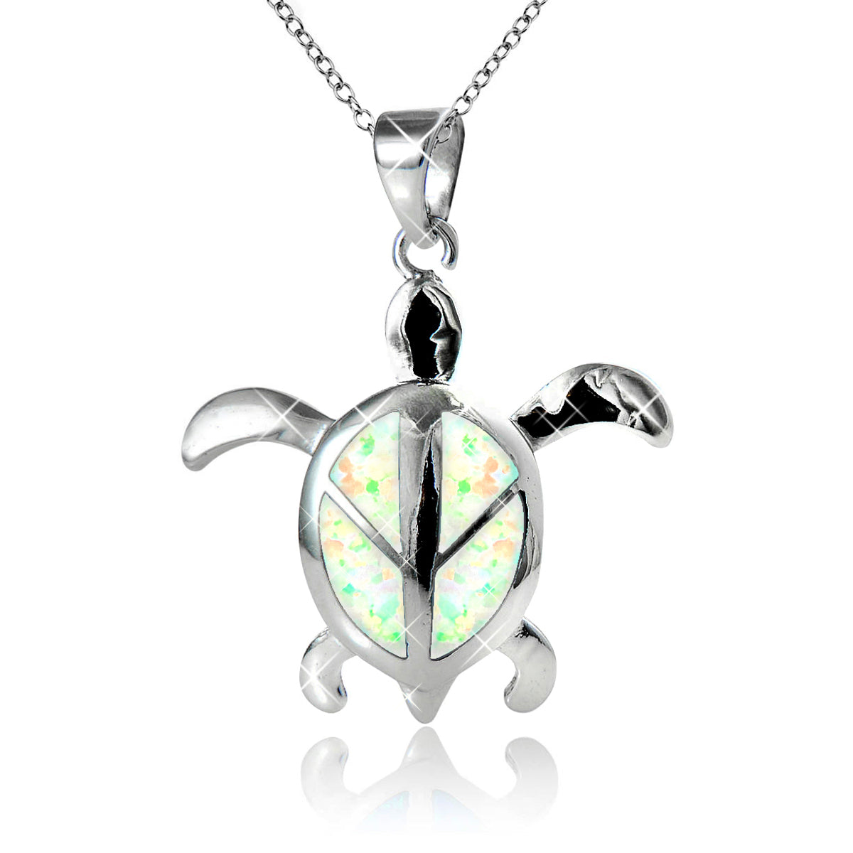 Opal Inlay - Sterling Silver Sea Turtle Pendant with Chain (Blue or White)