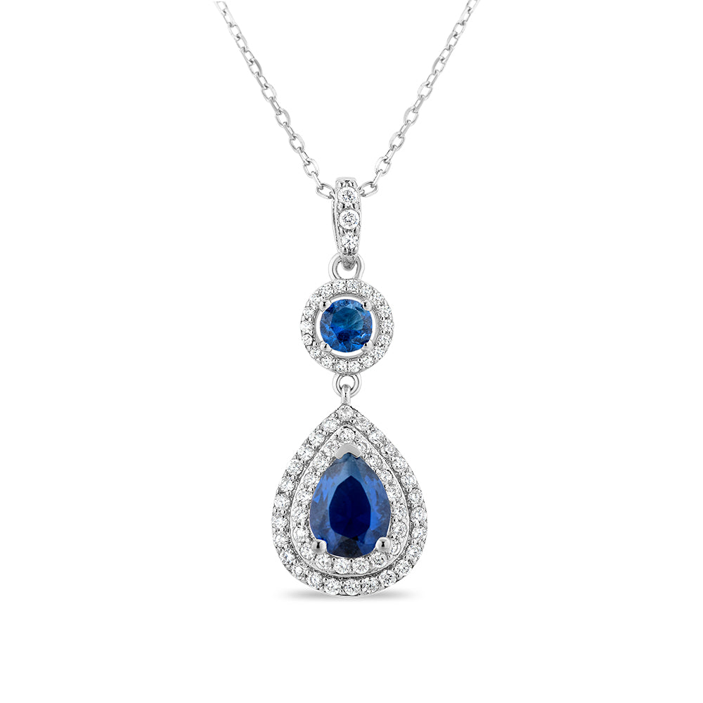 Sapphire Blue Teardrop CZs and Clear CZs Sterling Silver Necklace - Halo style