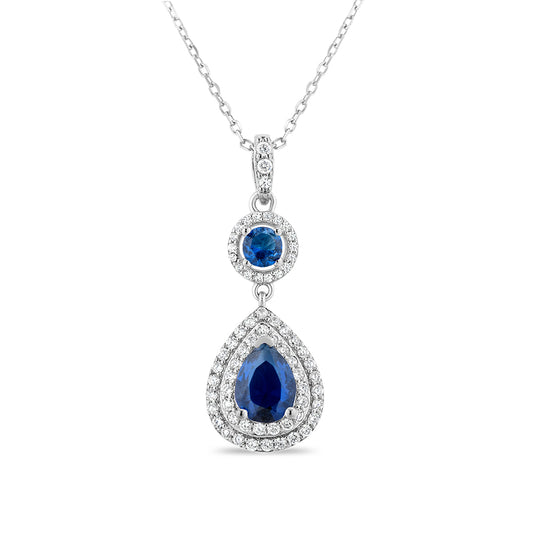 Sapphire Blue Teardrop CZs and Clear CZs Sterling Silver Necklace - Halo style