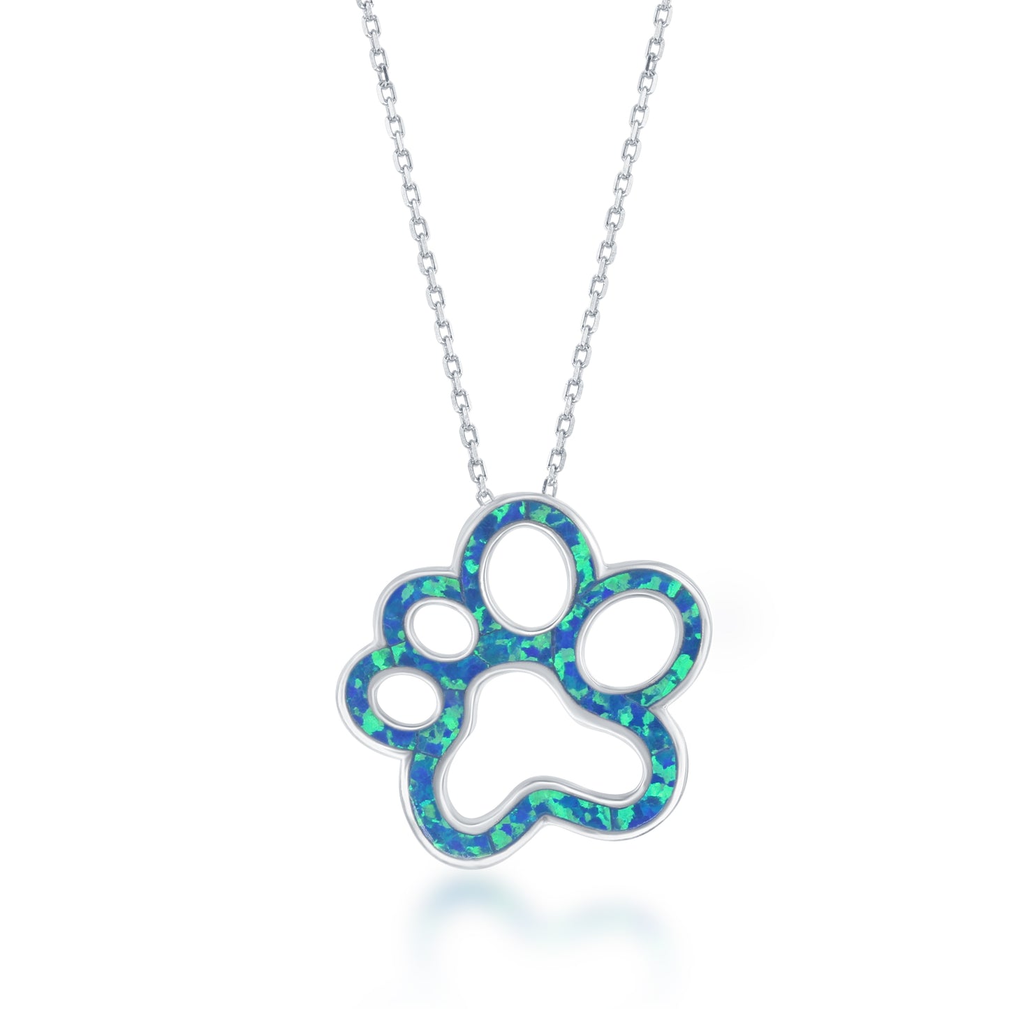 Open Paw Pendant with Blue Fire Opal Inlay - Sterling Silver with Chain