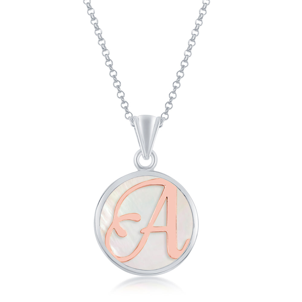 Sterling Silver and Rose Gold Initial Letter Pendants - with Mother of Pearl Backing