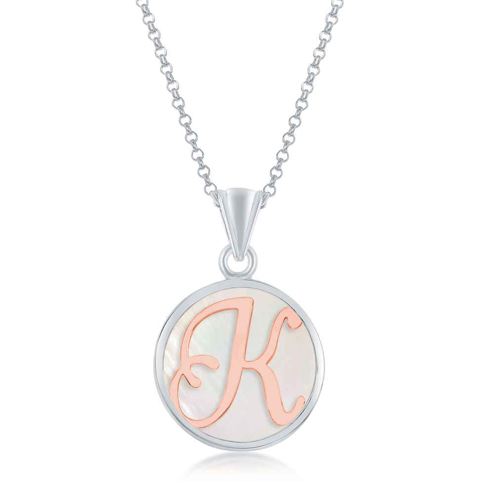 Sterling Silver and Rose Gold Initial Letter Pendants - with Mother of Pearl Backing