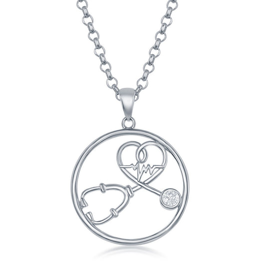 Sterling Silver Stethoscope with Heartbeat in Circle (Chain Included)