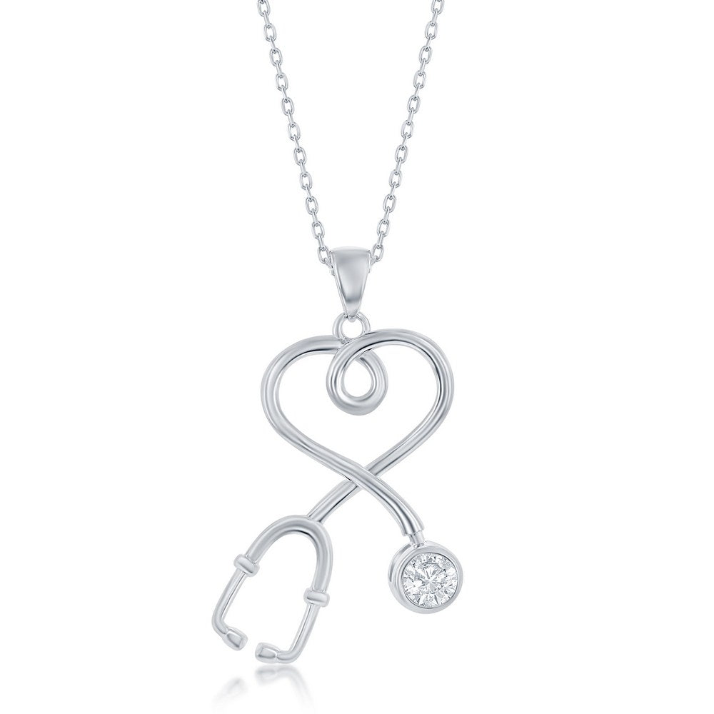 Sterling Silver Stethoscope Pendant with Cubic Zirconia - Includes Chain