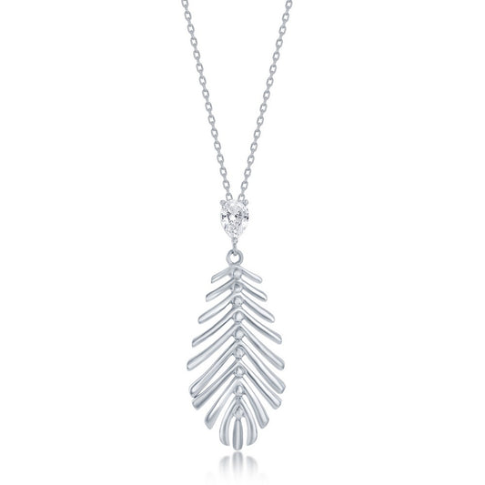 Elegant Leaf / Feather Pendant with Cubic Zirconia - Sterling Silver (includes chain)