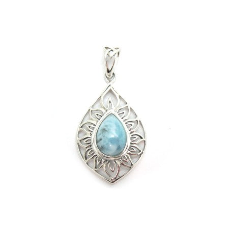Sterling Silver and Larimar Teardrop Pendant with Filigree Frame