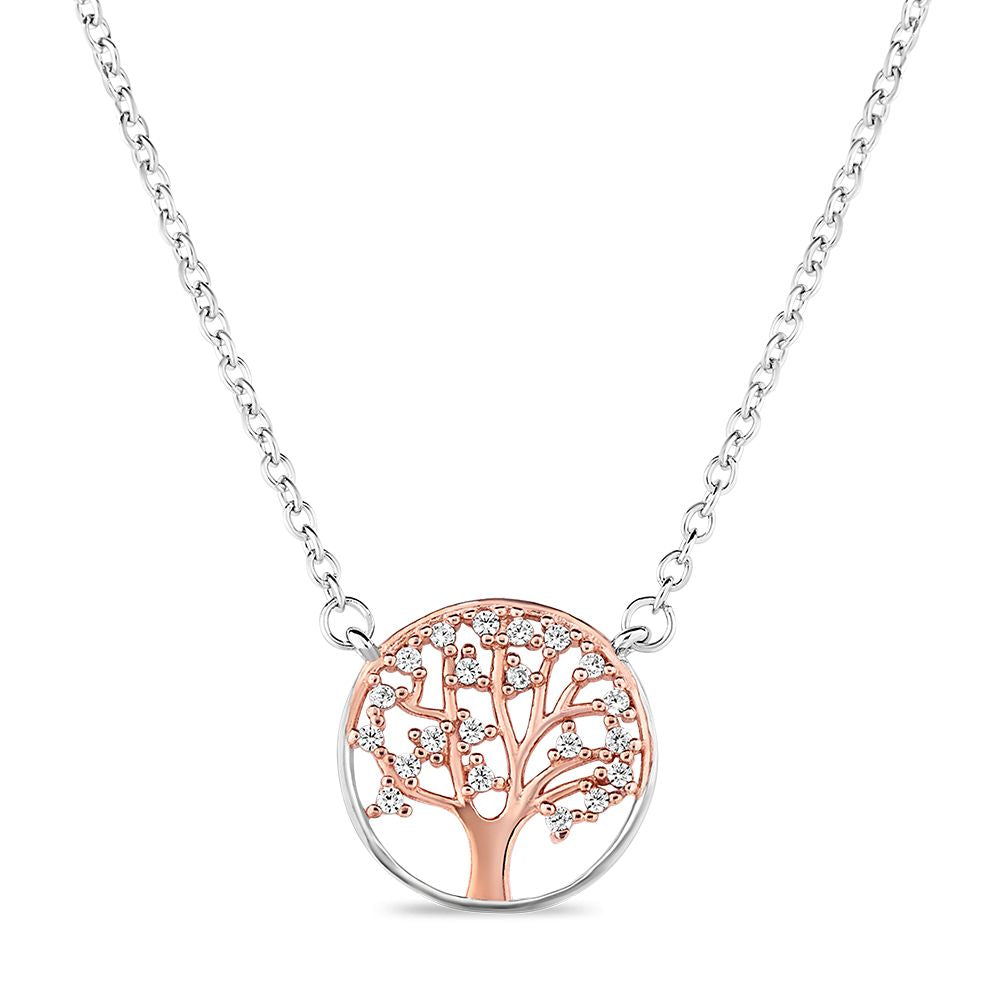 Sterling Silver Tree of Life Pendant with Rose Gold plating and Cubic Zirconias