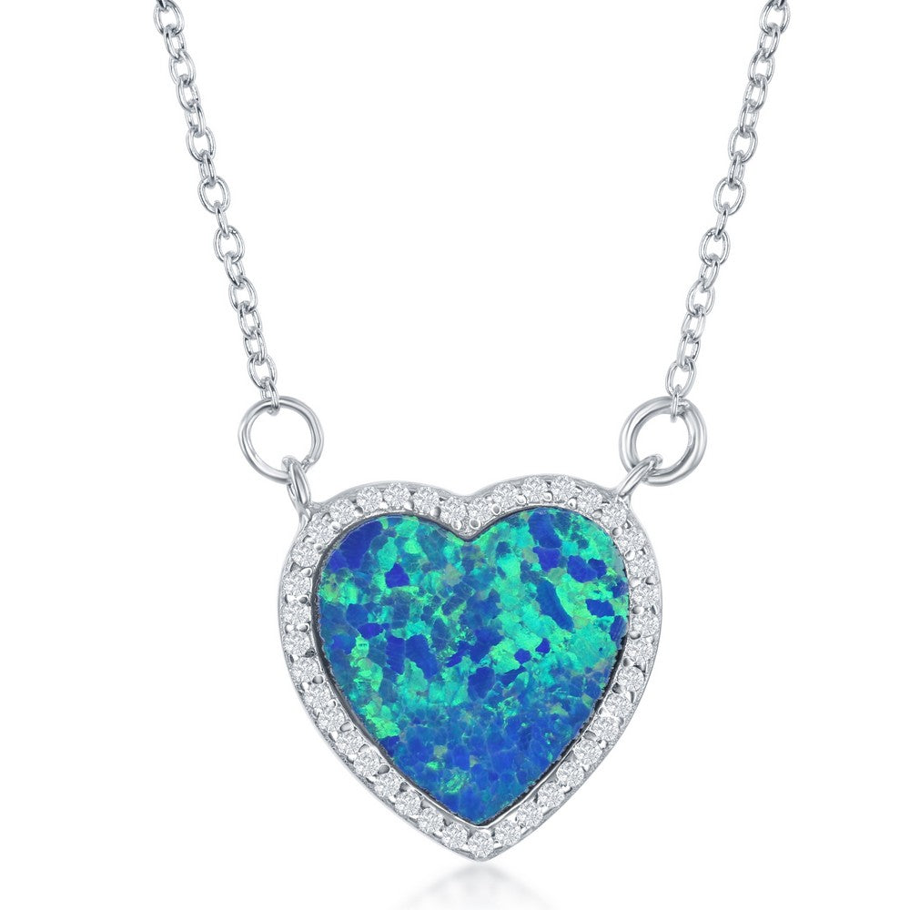 Opal Heart Necklace with Clear Cubic Zirconia Halo (Blue or White)