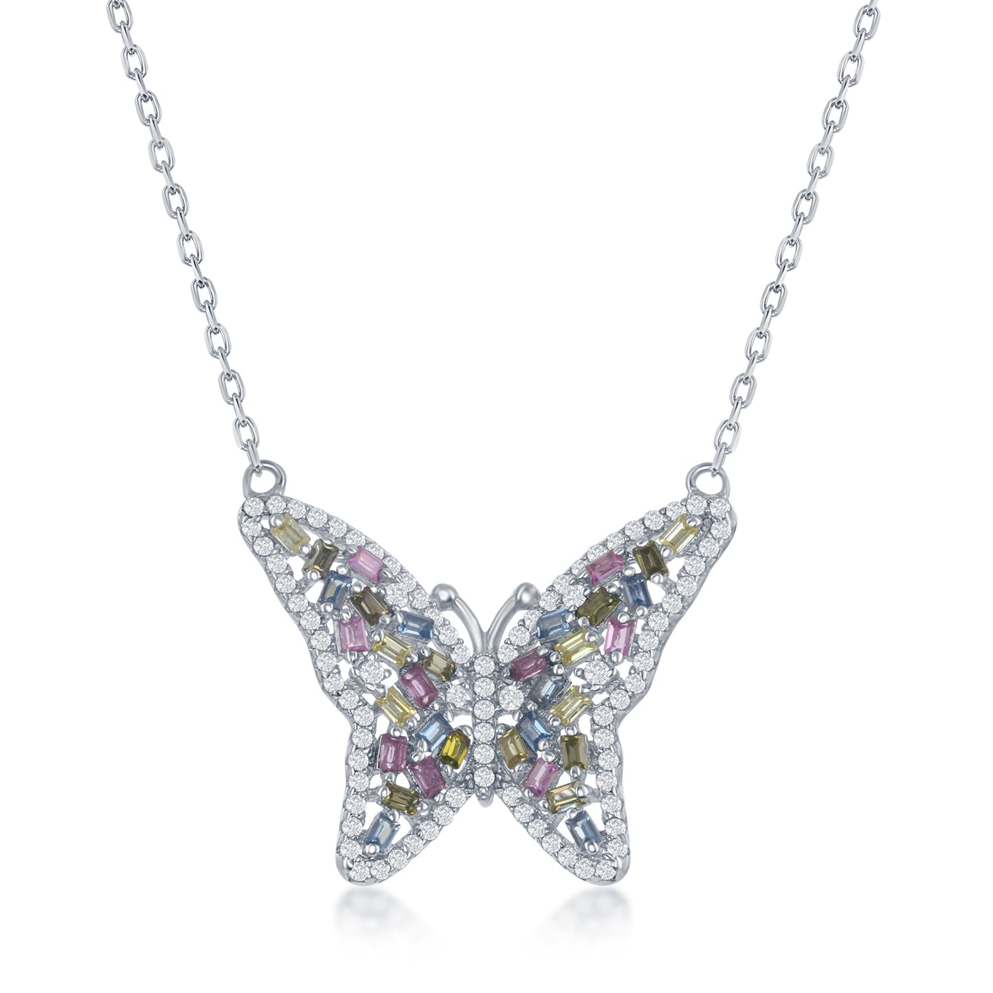 Butterfly Necklace with Pave Pastel Cubic Zirconias - Sterling Silver with Chain
