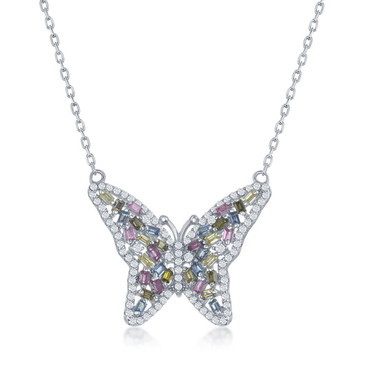 Butterfly Necklace with Pave Pastel Cubic Zirconias - Sterling Silver with Chain