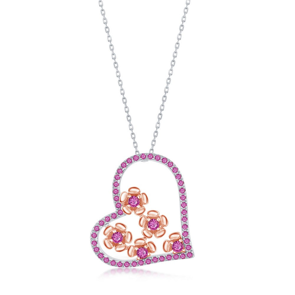Sterling Silver Heart Pendant with Rubies and Rose-gold Plating - M-6666