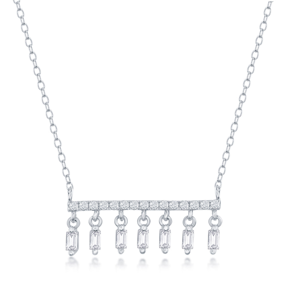 Sprakly Bar Necklace with Clear Cubic Zirconias & Dangles - Sterling Silver with Chain