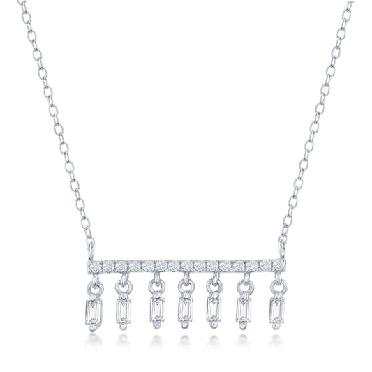 Sprakly Bar Necklace with Clear Cubic Zirconias & Dangles - Sterling Silver with Chain