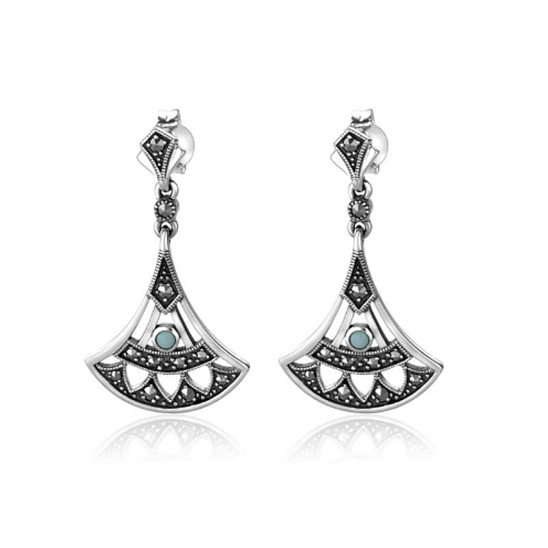 Marcasite and Opal Fan Dangle Earrings - Sterling Silver - 01E573OP