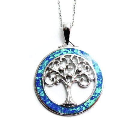 Tree of Life with Blue Fire Opal Inlay - Sterling Silver with Chain