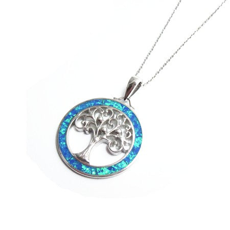 Tree of Life with Blue Fire Opal Inlay - Sterling Silver with Chain