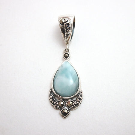 Sterling Silver and Larimar Teardrop Pendant with Marcasite