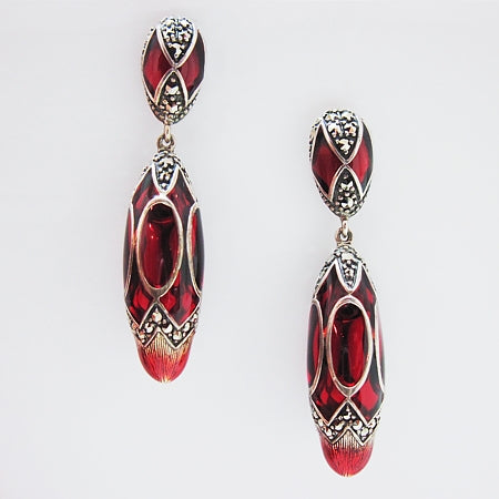 Elongated 3-Dimensional Enamel 'EGG' and Marcasite Dangles Earrings - 01E145