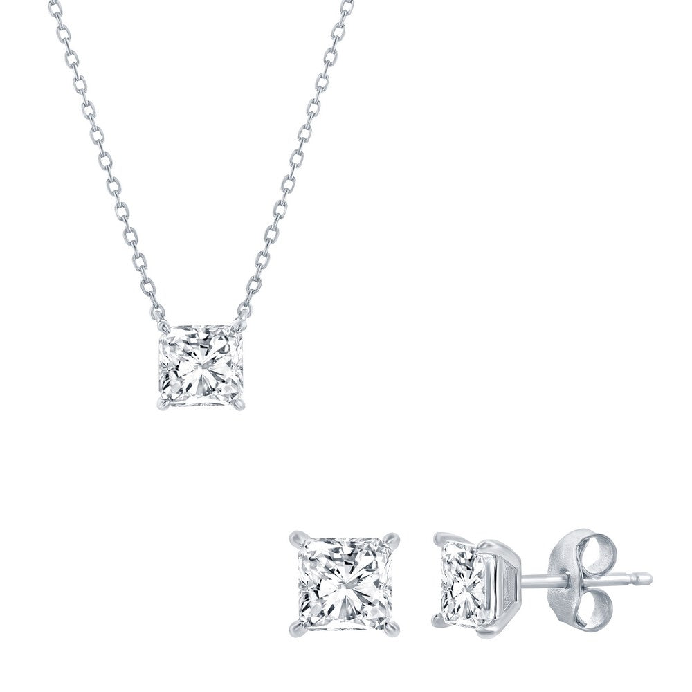 Sterling Silver & Princess Cut CZ Necklace and Earring SET - SET611 or SET612