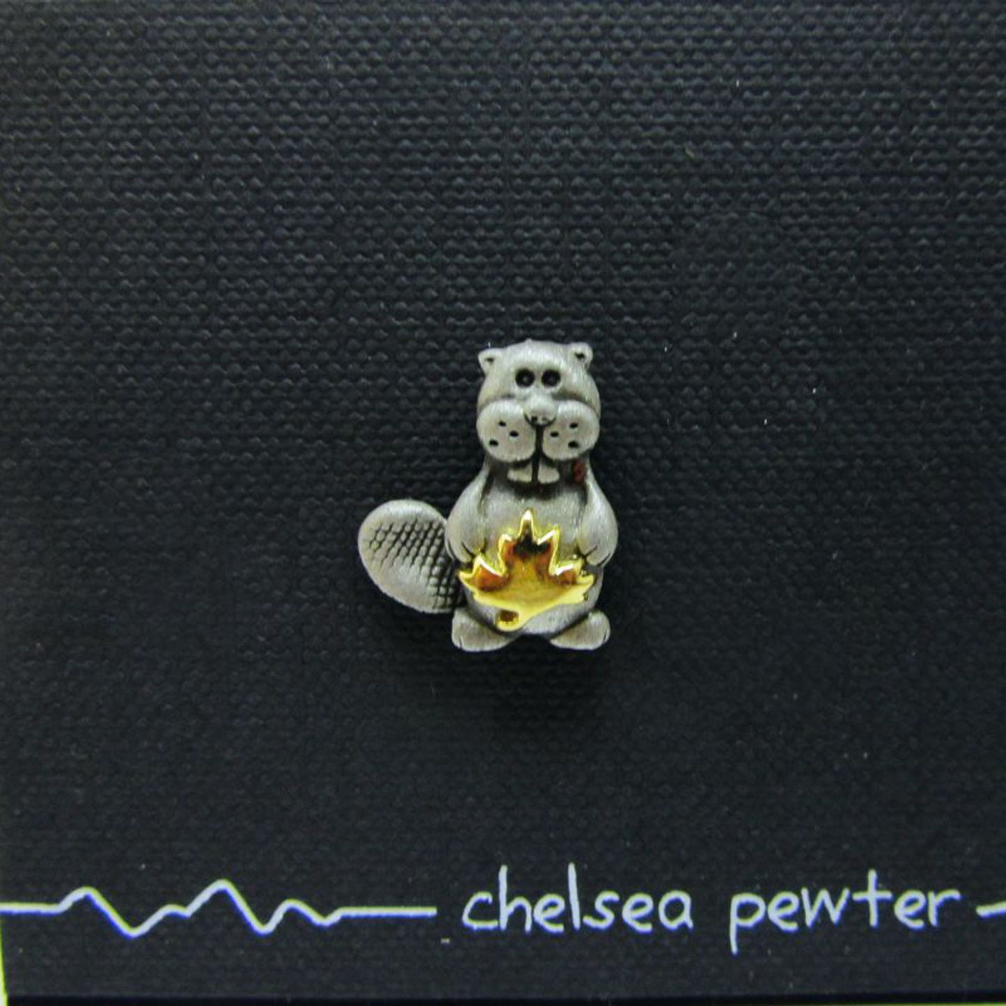 Chelsea Pewter Tac Pin - Beaver Holding a Goldplated Maple Leaf