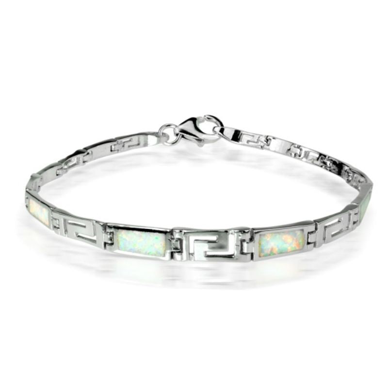 Lab-created Opal Inlay Bracelet with Greek Key Design - Sterling Silver - OB-2003