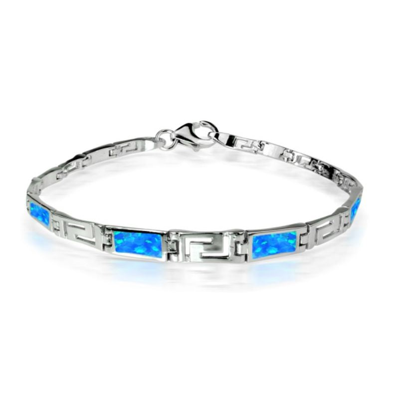 Lab-created Opal Inlay Bracelet with Greek Key Design - Sterling Silver - OB-2003