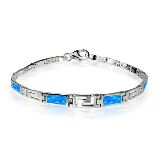 Lab-created Opal Inlay Bracelet with Greek Key Design - Sterling Silver - OB-2003
