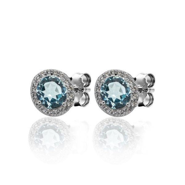 Blue Topaz and Cubic Zirconia Halo Stud - Sterling Silver Earrings - CE-E01