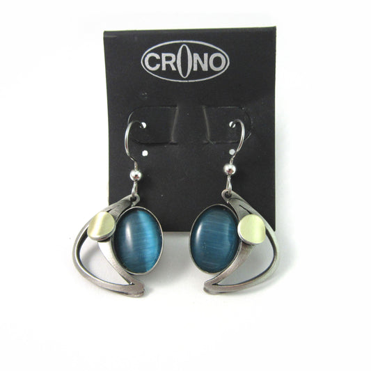 Blue Cats Eye Two-tone Curved Dangle Earrings by Christophe POLY