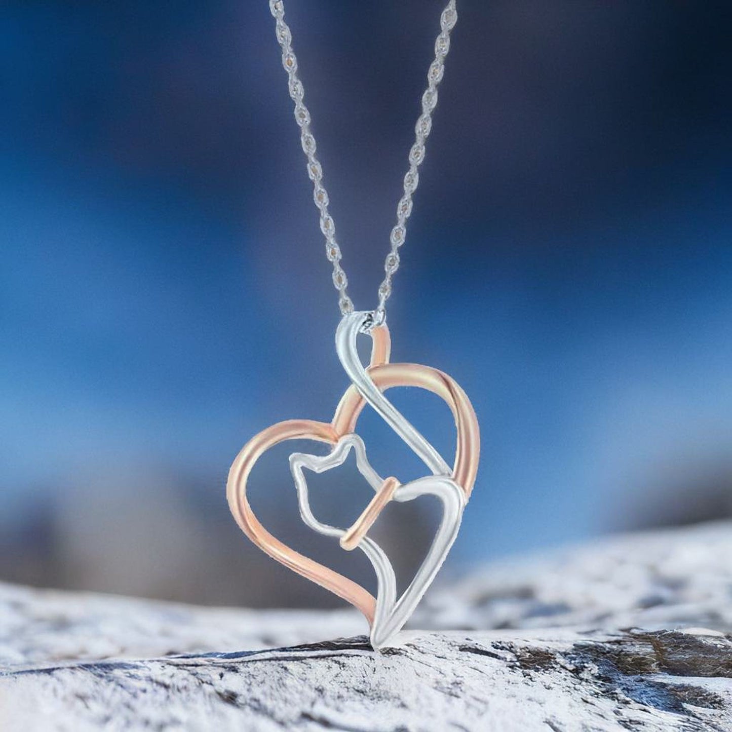 Sterling Silver Cat in Heart Pendant with Rose Gold plating (includes chain)