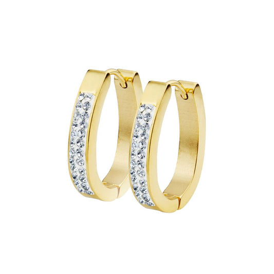 Oval Shaped Gold-plated Steel Huggies with Cemented Crystals