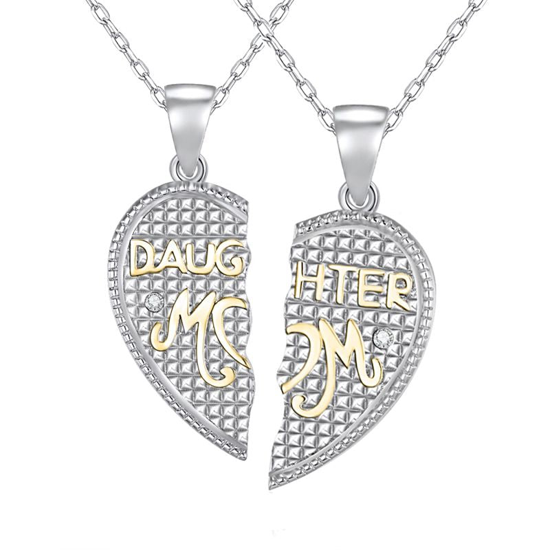 Sterling Silver with Gold plating - Two Necklaces, One Heart Pendant - Daughter & Mom