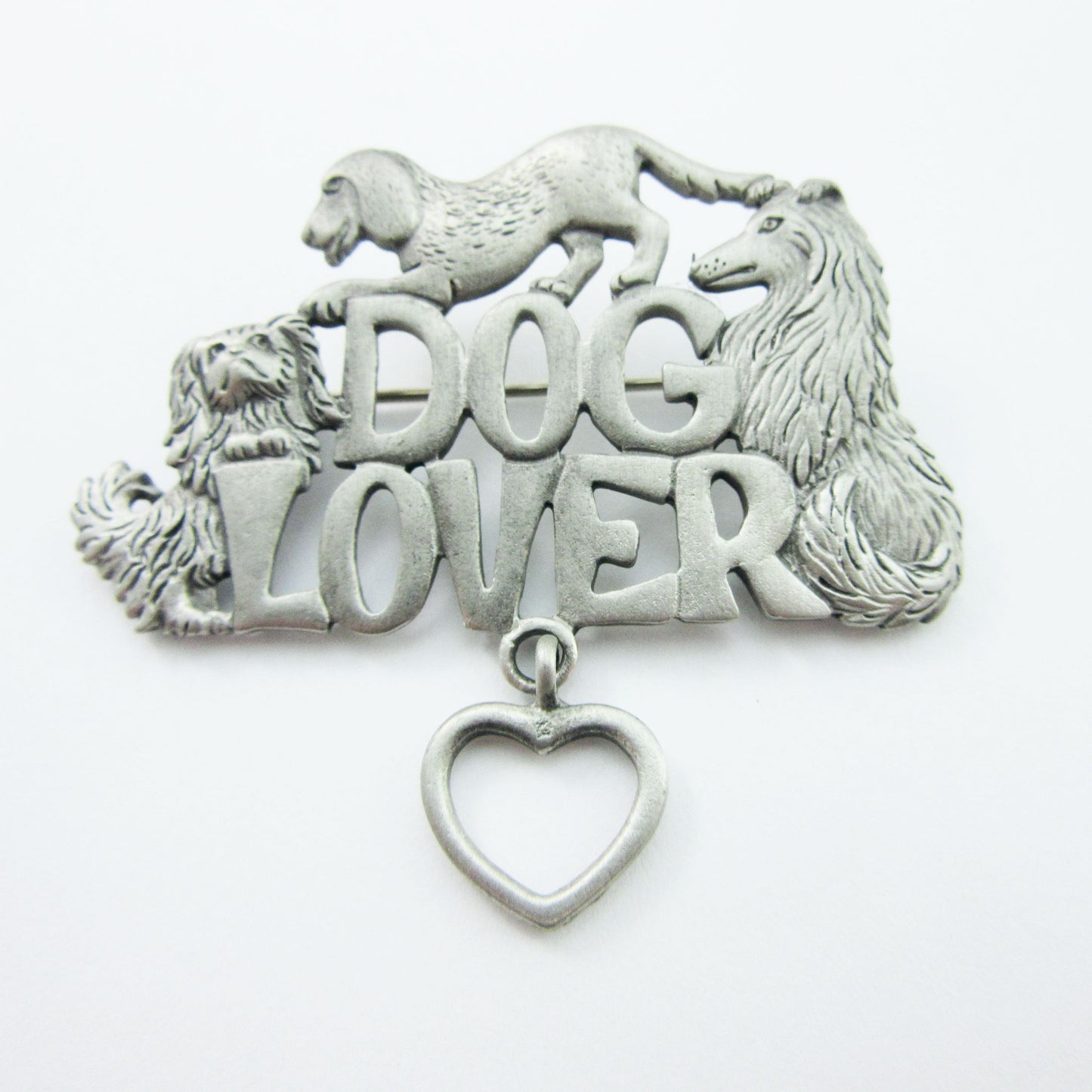 Pewter Dog Lover Brooch with Dangling Heart - 1549PP